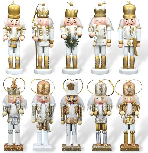 KoolShare Set of 10 Gold Nutcracker Ornaments, 5-Inch Wooden Christmas Decorations, Hangable on Tree or Tabletop Decor, Perfect (Gold)