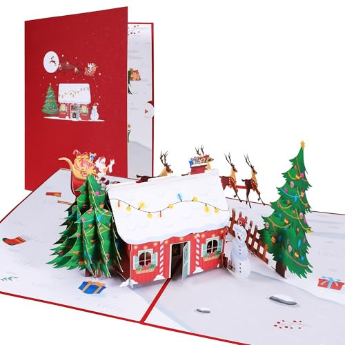 Pop Up Weihnachtskarte, 3D Schneehaus Weihnachtskarte Weihnachtsmann Weihnachtsgrußkarte mit Weihnachtsbaum & Rentieren, Lustige Weihnachten Karte für Mama, Frau Freundin, Geschenken Kinder