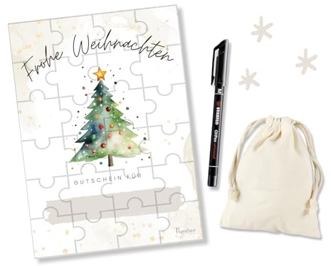 Gutschein Puzzle zu Weihnachten, Personalisierbarer Geschenkgutschein Weihnachtgeschenk Weihnachtskarte zum selberausfüllen mit Stift und Säckchen, weihnachtlciher Gutschein für Männer Frauen Kinder