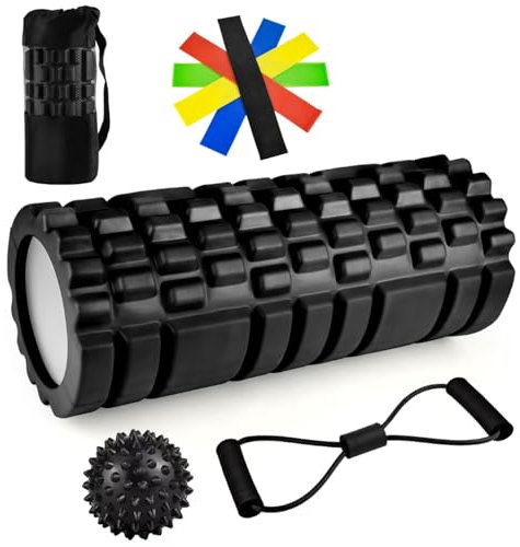 Rulo Masaje Muscular 9 en 1 Foam Roller Rodillo Pilates Futbol Massagem Espuma con Pelota Masaje Pies Espalda Masajeador Piernas Physio Relajación Nubs para Masaje de Tejido Profundo 33x14cm Negro