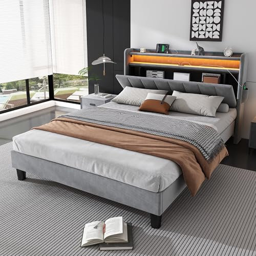 ModernLuxe LED Double Upholstered Bed 4ft6 (135x190cm) with LED Light Strip, Drop-Down Door Storage & USB Type-A/Type-C, Grey Velvet, Sturdy & Stylish for Teens & Adults - Without Matress