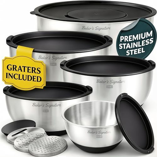Baker's Signature Stainless Steel Mixing Bowls with Lids Set, 5 Sizes | Nesting Design with Airtight Covers & Non-Slip Base – Mirror Finish for Food Prep, Storage, Baking & Serving