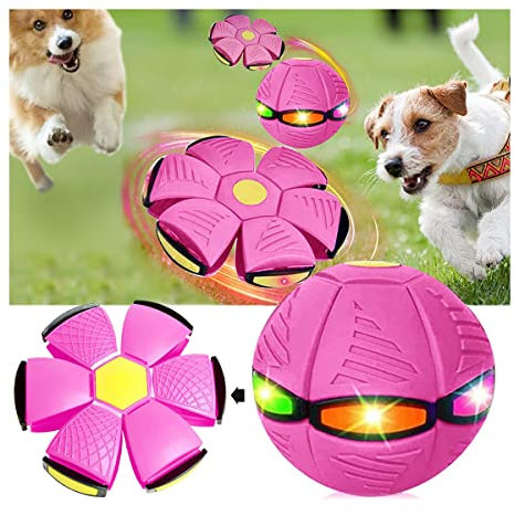 Pet Toy Flying Saucer, Decompression Deformation Foot Stomp Light-Emitting Venting Stomp Ball for Dogs Adult Cats (Rose Red, 3 Lights)
