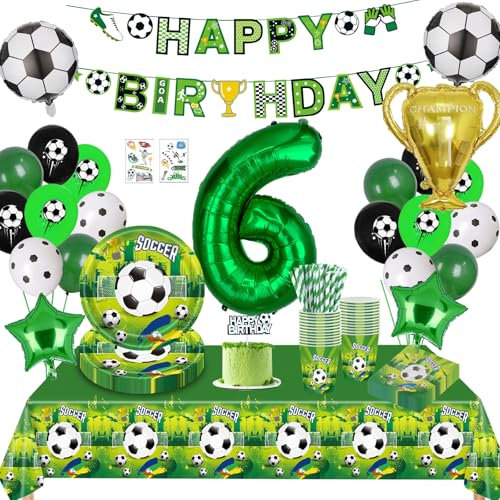 Fussball Geburtstag Deko 6 Jahre,Fussball Partygeschirr Set, Fußball Luftballon 6. Geburtstag,Geburtstagsdeko Jungen 6 Jahre,Pappteller Tischdecke für Fussball Party Kindergeburtstag 16 Gäste
