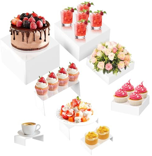 KEAGAN 8 PCS Buffet Riser Acryl Ständer für Präsentation Weiße Buffet Erhöhungen Dessert-Ständer mit hohlen Böden 4 verschiedene Würfelgrößen Displayständer Dessert Tisch Display Set für Lieferanten
