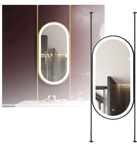 LXWKAI Deckenspiegel, hängender Badezimmerspiegel, ovaler, an der Decke hängender Spiegel mit Doppelstange und Beleuchtung, für Waschraum, Hoteleingang, Garderobe, Wohnzimmer (schwarz, 60 x 90 cm)