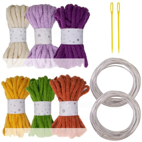 6 rollos de cuerda trenzada hueca de 7 mm x 5 metros, cuerda de poliéster multicolor con aguja de ojo grande y alambre de metal para esculpir cuerda trenzada hueca