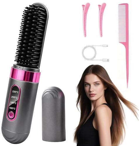 Stylingbürste für Kurze Haare Langes, Glättbürste Kabellos, Haarbürste Elektrisch, 4 Wärmestufen, 160°C-200°C, Haarglätter Bürste, Hair Straightener für Damen Mädchen Langes Kurzes