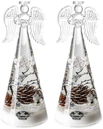 Dreamlight 2tlg Set Traumlicht Engel Figur Weihnachten Geschenk – Angel Dekofigur Weihnachtsengel Weihnachtsdeko Dekoengel Adventsdeko Tannenzapfen Schnee Sterne – Höhe 20 cm