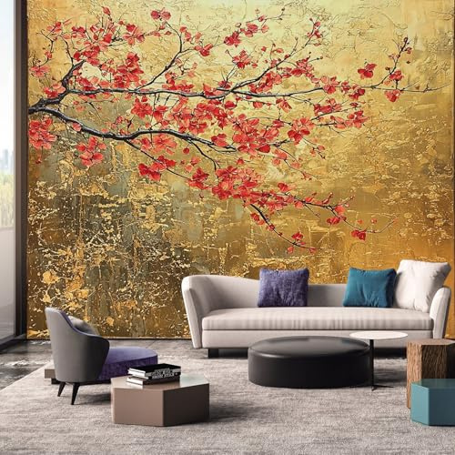 Japanese Wallpaper, Red Gold Branch Floral Wallpaper Murals, Japanese Room Decor Wall Art for Bedroom Kitchen Living Room 350L x 256W cm