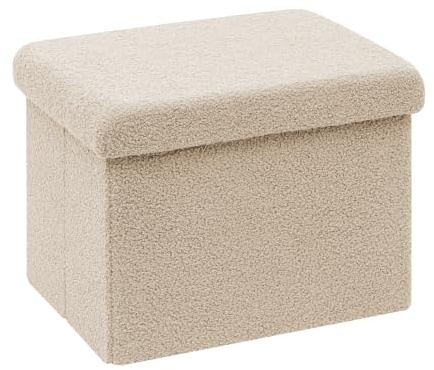 Bonlife Ottoman Seat with Storage,Folding Small Footstool for Living Room,Cube Toy Chest Box,Foot Rest,Sherpa Fabric,Beige,42x32x32cm
