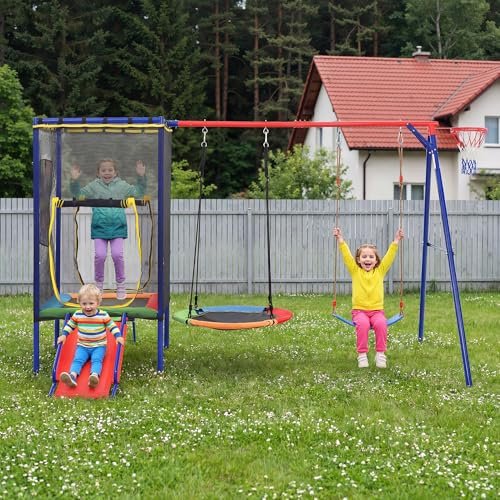 Merax Ensemble balançoire d'extérieur avec trampoline, toboggan, balançoire nid et balançoire individuelle et panier de basket, jeu d'extérieur pour enfants avec filet de sécurité et cadre robuste