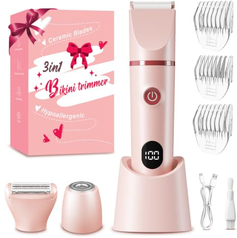Belleskin 3-in-1 Intimrasierer für Frauen, Elektrischer Rasierer Damen | IPX7 wasserdicht, Sanfte Keramikklingen, LED-Anzeige, 600-mAh-Akku, kabellose Bauweise, 4 Kammaufsätze, Type-C-Ladung