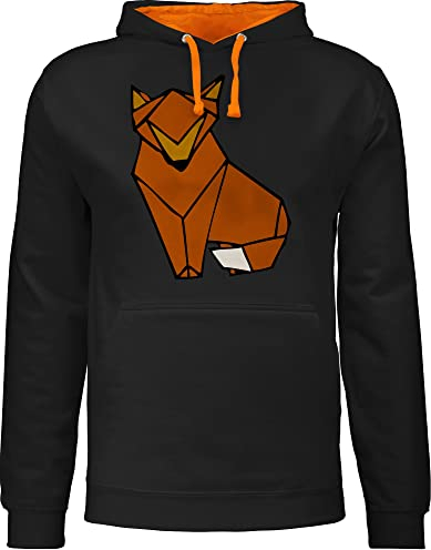 Pullover Herren Frauen Hoodie Kontrast zweifarbig - Eule, & Co. Geschenk - Origami Fuchs - XL - Schwarz/Orange - Wildnis Pulli tiermotiv Animal Print Hoody katzenmotiv Kapuzenpullover Fuchs-Motiv