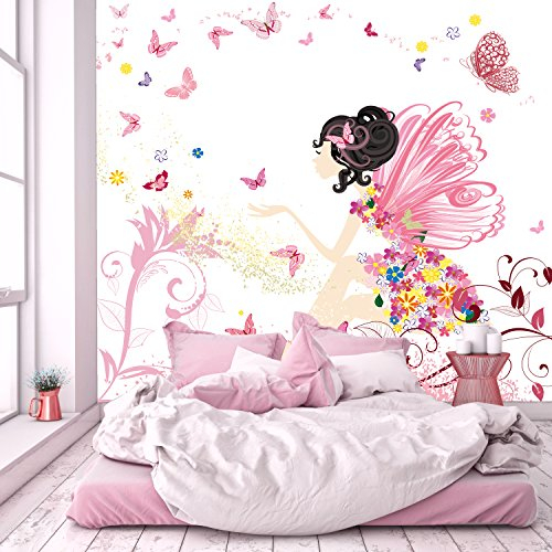 murimage Papier Peint Fée Enfants 274 x 254 cm Colle Inclus Photo Mural Fleurs Papillons Filles Rose chambre wallpaper