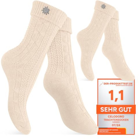 Celodoro Damen und Herren Trachten Socken (2 Paar) mit Edelweiß-Pin Oktoberfest Strümpfe - Weiß 39-42