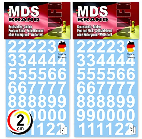 MDS Brand 2cm Zahlen Aufkleber Weiss 0-9, Schriftgröße ca. 20 mm, selbstklebend, wetterfest, klein, Nummer Ziffer Klebezahlen Sticker Hausnummern aus Folie zum Aufkleben Peel (2cm, Weiss)