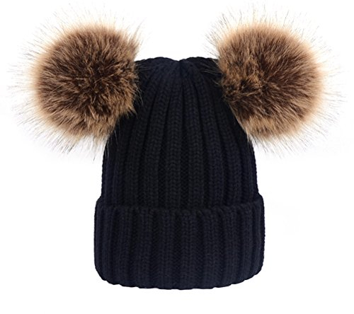 Damen Strickmützen mit Bommel Bommelmütze Pudelmütze Winter Hüte für Frauen Mädchen (Schwarz)