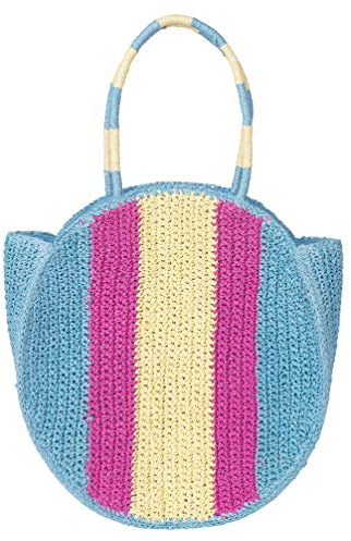 Becksöndergaard Damen Einkaufstasche Taya Bag - Shopper Strandtasche Korbtasche bunt mit breiten Streifen außen 100% Bast Innenfutter 100% Baumwolle 33x35 cm (Powder Blue)
