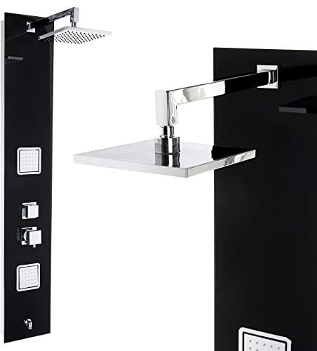 Premium Duschpaneel 150cm Schwarzes Glas Multi-Funktionen Regendusche mit oder ohne Thermostat Duschsystem, : mit Thermostat
