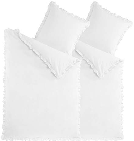 optidream 4-tlg. Bettwäsche Set Rüschen 135x200 mit Reißverschluss 100% Baumwolle Uni Weiss