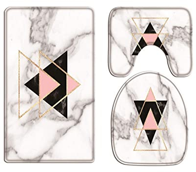 A.Monamour Badezimmer Badematte 3 Teilig Set Geometrischer Marmor Textur Der Goldrosa Schwarzen Dreiecke Flanell WC Toilette Deckel Deckt Bad Matte Teppich Badteppiche Badvorleger Badgarnitur Vorleger