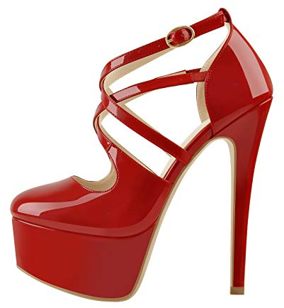 Only maker Damen Riemchenpumps Plateau High Heels Lack Pumps Elegant mit Schnalle Rot 42 EU