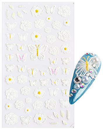 Ruby569y Nail Sticker,Nail Art Accessories Decorations,Nail Sticker Lace Design 5D Engraved Nail Art Decoration Manicure White Rose Flower Tips for Female - 5