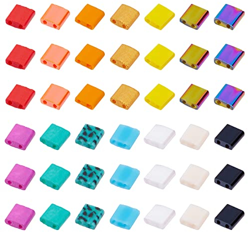 nbeads 200 Pcs 2 Trous Perles de Rocaille en Verre, Perles de Rocaille en Verre Colorées Rectangle Perles de Poney en Verre pour Bricolage Artisanat Bracelet Collier Fabrication de Bijoux