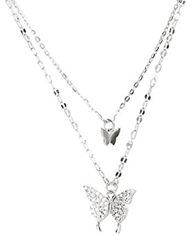 925 Sterling Silber Glänzende Schmetterling Quaste Halskette Weibliche Exquisite Doppelschicht Anhänger Clawicle Kette Hochzeit Schmuck-Imitation Platinum,40cm