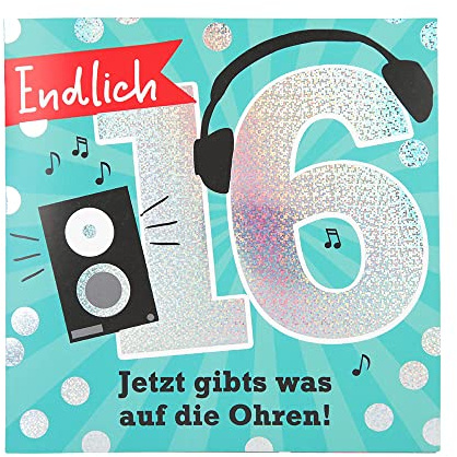 Depesche 11515-026 Zahlenkarte zum 16. Geburtstag mit Musik, veredelte Klappkarte mit originellem Innentext, inkl. Umschlag, Format 15,5 x 15,5 cm