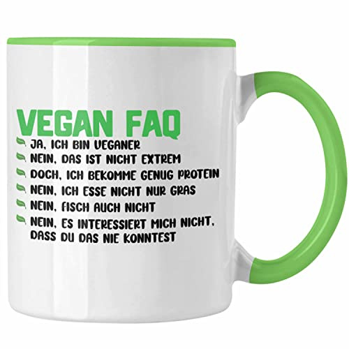 Trendation - Veganer Tasse Geschenk FAQ Vegan Geschenkidee Lustiger Spruch Vegane Lebensweise (Grün)