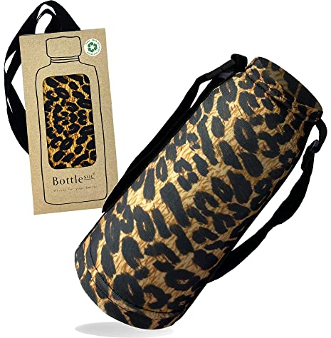 Bottlesoc Water Bottle Carrier with Shoulder Strap | Faux Leopard Print Design - Washable Cover for Walking & Travel | Eco Friendly Sleeve with Adjustable Strap | Reusable Water Bottle Holder