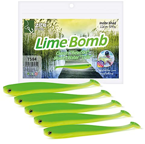 Zite Fishing Gummifische Zander Set – Inzite Shad 12cm Diverse Farben - 5STK Fängige Gummiköder Zanderangeln - Softbait Angelköder UV-Aktiv (Lime Bomb)