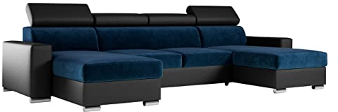 MKS MEBLE Sofa U Form Mit Schlaffunktion, Wohnlandschaft XXL, Couch Mit Bettkasten - Fox U Marineblau Schwarz Monolith