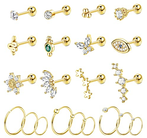 Adramata 21Pcs 16G Helix Piercings Chirurgenstahl Silber Ohrringe Piercing Set Pircingssets Ohr Tragus Piercing Knorpel Ohrringe Set Conch Ohrpiercing Ohrstecker Tragus Helix Piercing Ohr