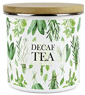 Purely Home Kitchen Herbs Decaf Tea Canister - White & Green Metal Enamel Kitchen Food Storage Container