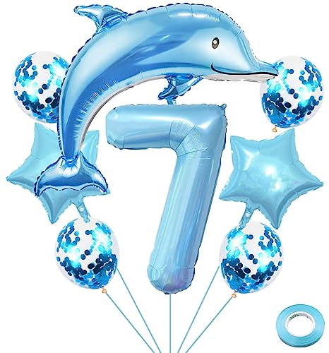 Weenkeey 7 Jahre Delfin Geburtstag Deko Große Delfin Folienballon 7. Geburtstag Delfin Ballons Hellblau Zahl 7 Luftballon für Jungen Geburtstag Party