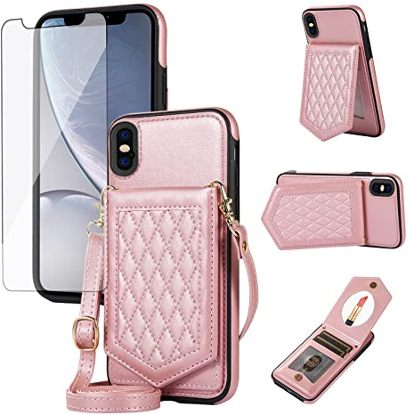 Asuwish Handyhülle für iPhone XS Hülle mit Band und Glas Folie Schutzfolie Spiegel Kartenfach Klappbar Leder Geldbörse Ständer iPhoneXSHülle i 10 10s 10xs Handy Hüllen Schutzhülle Phone Case Rosa