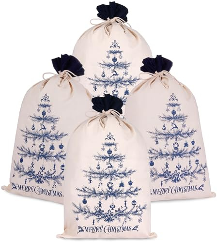 BRUBAKER Weihnachtssack Tannenbaum Blau - 80 cm Geschenksack Weihnachten - Nikolaussack Sack Baumwolle mit Kordel zum Verpacken von Geschenken - Weihnachtsbaum geschmückt - 4 Stück