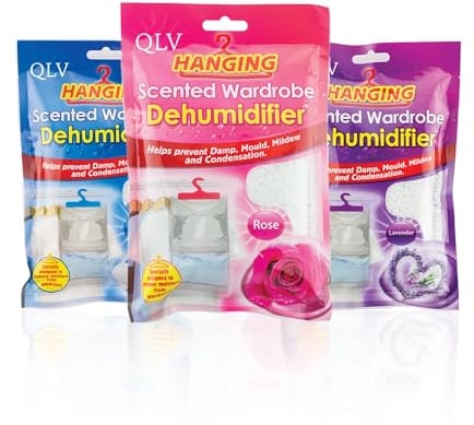 QLV Wardrobe Dehumidifier Hanging Bags - 3 Pack Scented Disposable Dehumidifier Bags for Wardrobe, Home, Bedroom, Caravan, Cupboard, Bathroom - Fast-Acting, Long-Lasting Damp & Moisture Absorber
