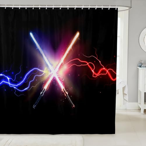 Castle Fairy Lightsaber Bath Curtain,Blue Red Neon Lightning Sparkling Bathroom Shower Curtain for Kids Boys,Boys Games Starry Galaxy Black Waterproof Fabric with Hooks for Stalls, 72Wx72L inch