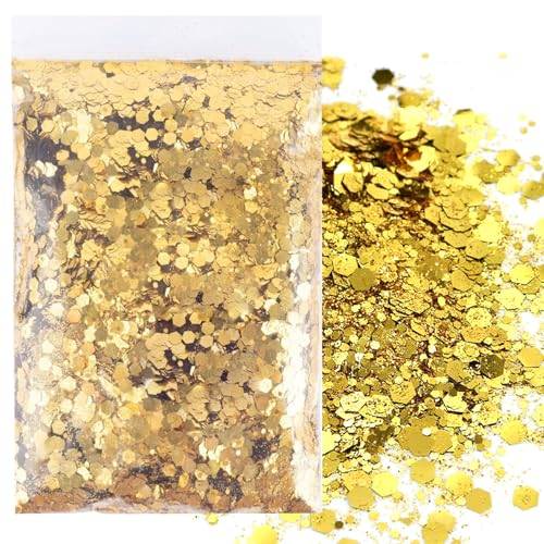 50g Or Mélanger Poudre à Paillettes Métalliques Fine,pour Résine Bricolage Décoration de Mariage Visage Corps Ongles Carte de Peinture Voeux Le Scrapbooking,Quatre Tailles (0,2 mm,1 mm,2 mm,3 mm)