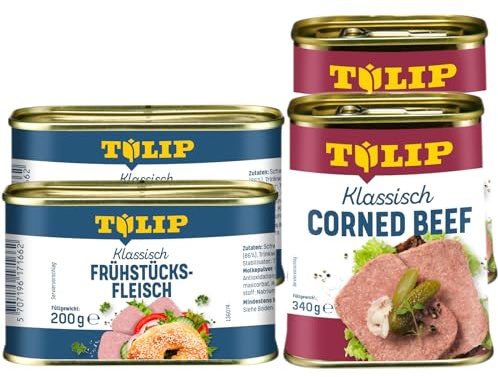 TULIP 2x Klassisches Corned Beef 340g + 2x Schweine-Frühstücksfleisch 200g | leckeres Rinder und Schweinefleisch | 98% Rindfleisch und 86% Schweinefleisch