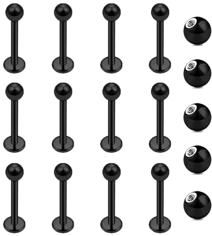 Gojewen 12er Lippenpiercing Stecker 1,2mm Chirurgenstahl Piercing Lippe Labret Helix Tragus Stud Schwarz 10mm