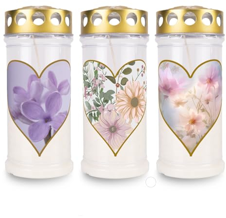 KImiza Sparset, Gedenkkerze, Grabkerze, Brenndauer ca. 4 Tage (3er Set Blume)