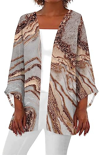 ODJOY-FAN Womens Kimono Plus Size Floral Printed Lightweight Tops Dressy Casual Summer Three Quarter Sleeve Cardigan Plaid Tie Up Shirts for Women Collarless Denim Jacket（L,4-Gold）