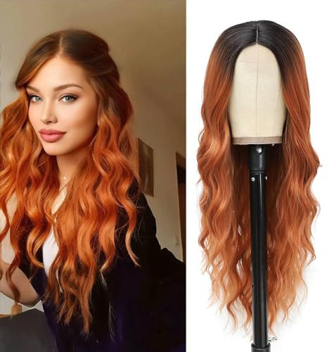 Mabufun Wigs for Women Middle Part Curly Synthetic Hair Natural Looking Heat Resistant Fiber for Daily Party Use (Ombre Orange)