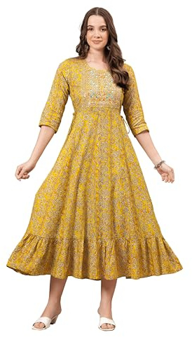 JG JAI GOVINDAM Women's Yellow Printed Anarkali Kurti – Indian Ethnic Wear | Festive & Casual Long Flared Kurta | Soft Fabric & Comfortable Fit (XXL)