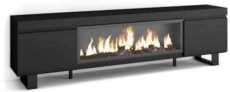 Skraut Home | Meuble TV | Banc Télé | Grand Espace de Rangement | 210 | pour Les TV jusqu'à 80 | Cheminée électrique XXL | Design Industriel | Style Moderne | Noir